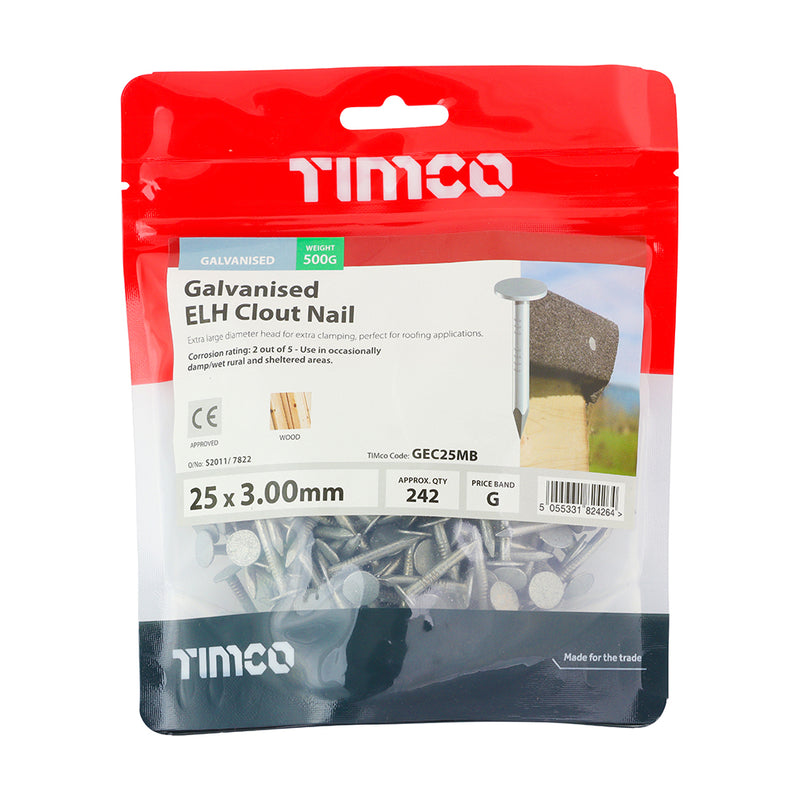 An image of a bag of Timco Galvanised Clout Nails with Extra large head (ELH) 25 x 3.00mm in size