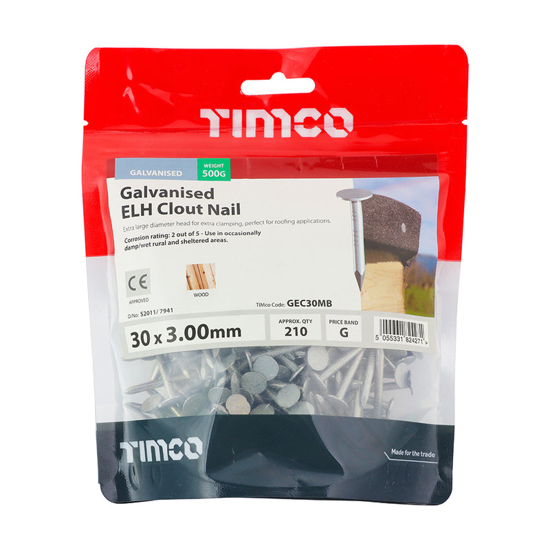 An image of a bag of Timco Galvanised Clout Nails with Extra large head (ELH) 30 x 3.00mm in size