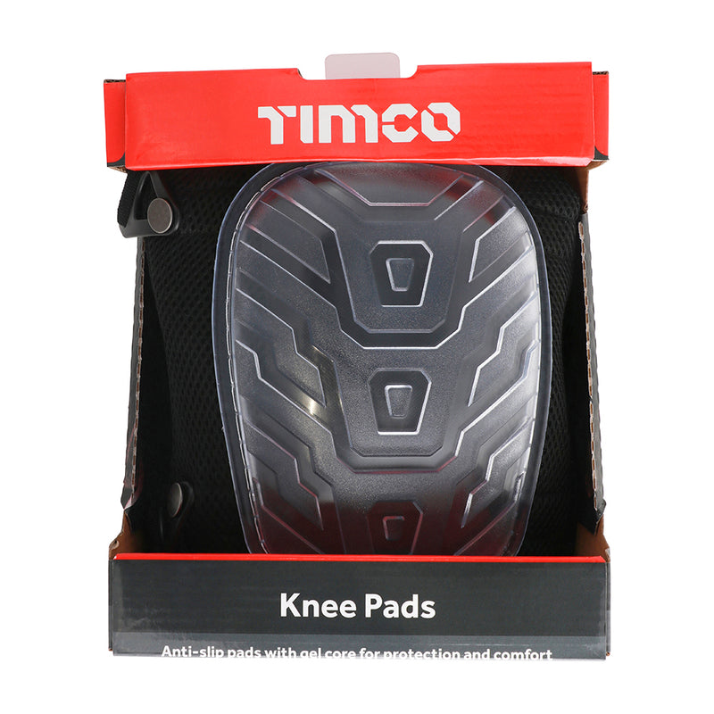 An image of Timco Knee Pads that come in one size. They are black and have a clear PVC non-slip gel filled pad.