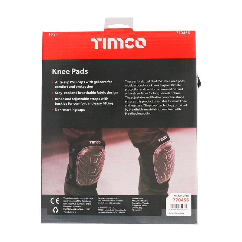 An image of Timco Knee Pads that come in one size. They are black and have a clear PVC non-slip gel filled pad.