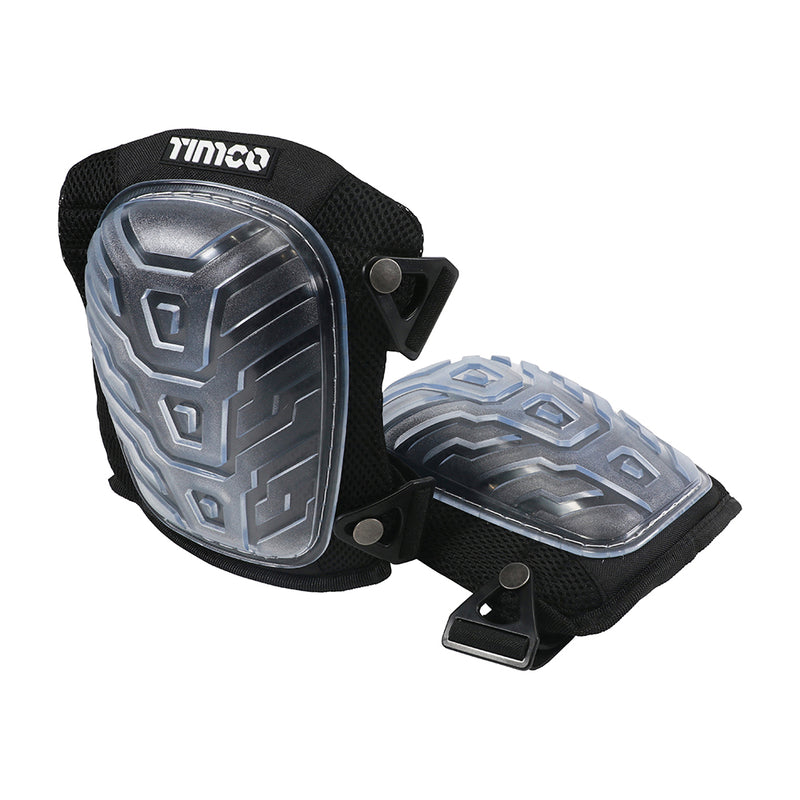 An image of Timco Knee Pads that come in one size. They are black and have a clear PVC non-slip gel filled pad.