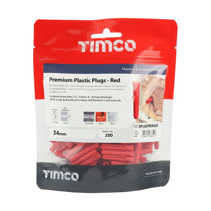 An image showing a bag of 200 Timco Premium Plastic Rawl Wall Plugs Red 34mm 