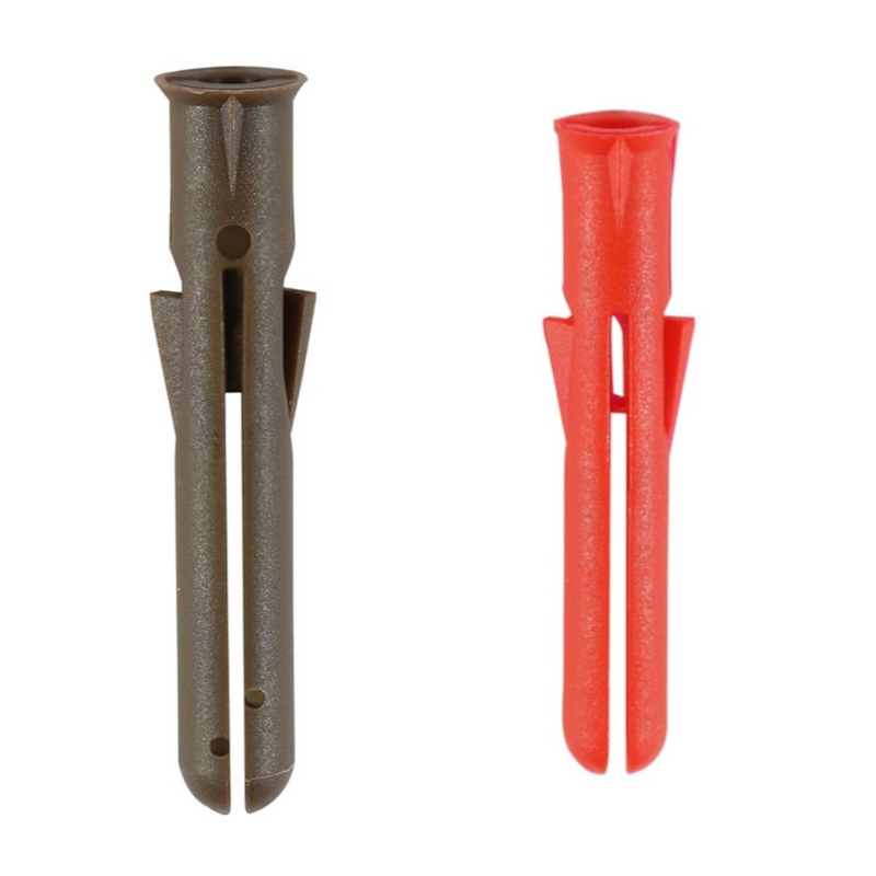 An image of the two types of Timco Premium Plastic Rawl wall plugs, Brown 42mm and red 34mm