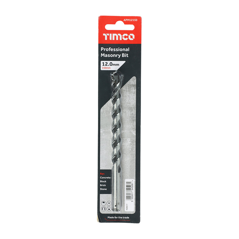 An image of a Timco Professional Masonry drill bit in the size 12.0 x 150mm in its retail packaging.