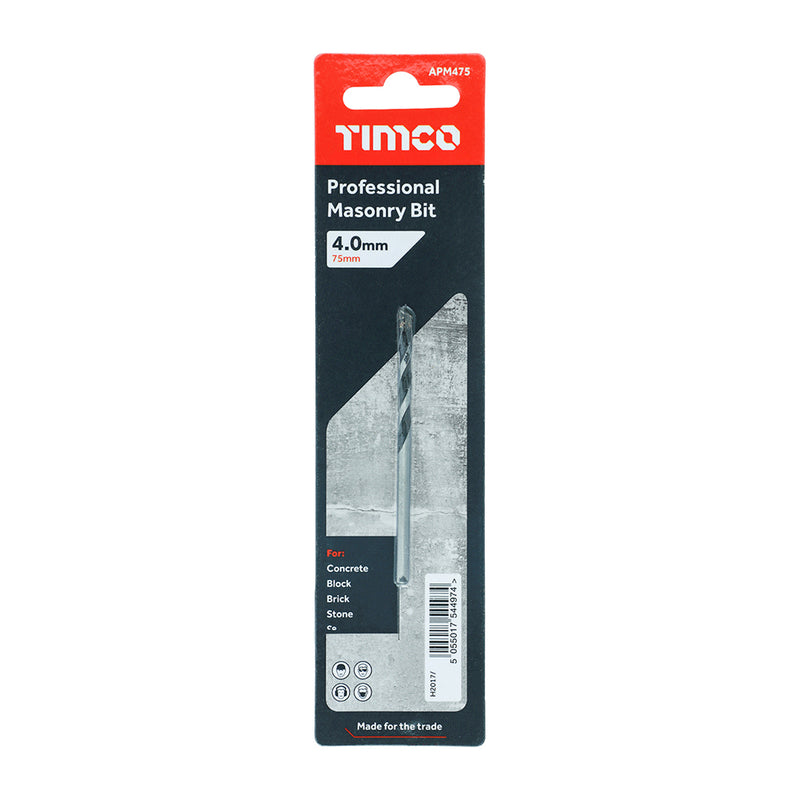 An image of a Timco Professional Masonry drill bit in the size 4.0 x 75mm in its retail packaging.