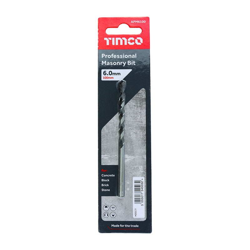 An image of a Timco Professional Masonry drill bit in the size 6.0 x 100mm in its retail packaging.