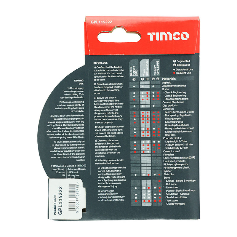 The image showing the back of a box of Timco Trade Diamond Segmented Blade GPL115222