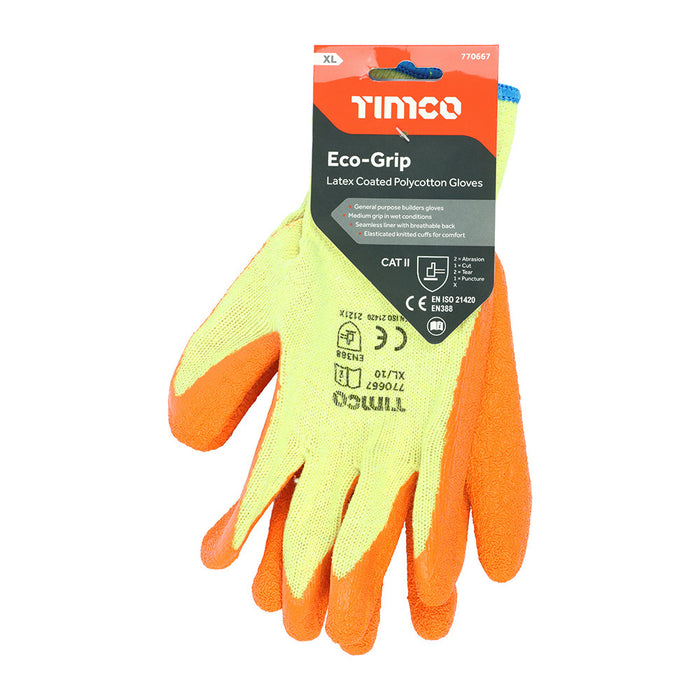 An image of Timco Eco Gloves Latex Crinkle with its retail packaging and they are sold in sizes L or XL