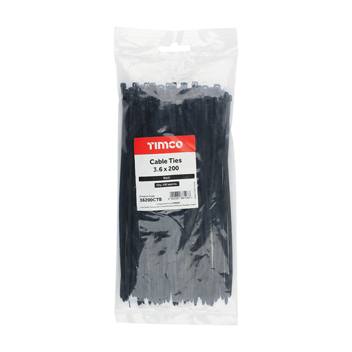 A bag of 100 x Timco Cable Ties that are 3.6mm x 200mm in size.