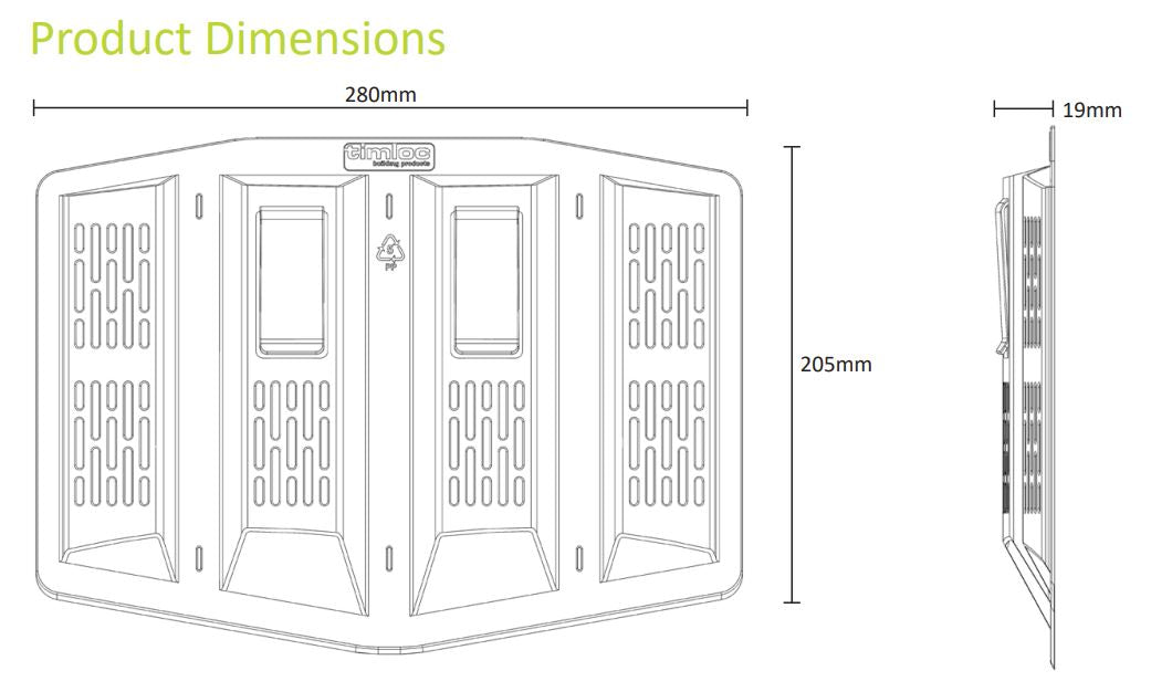 An image that is a drawing of the Timloc left lap vents with the dimensions from head on and side profiles.