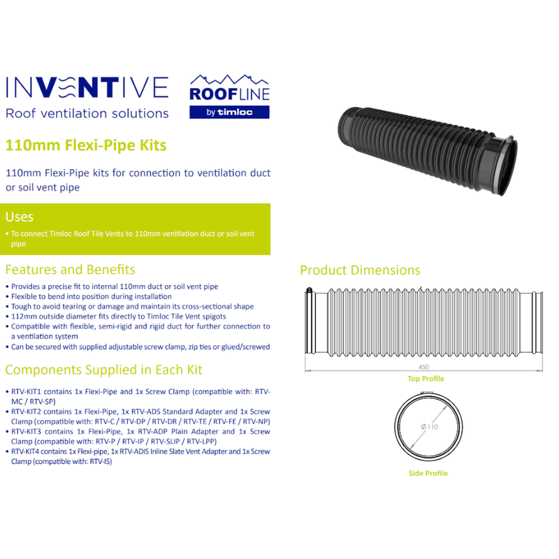 An image of a Timloc Flexi Pipe and Clamp information sheet with some information about it and the dimensions