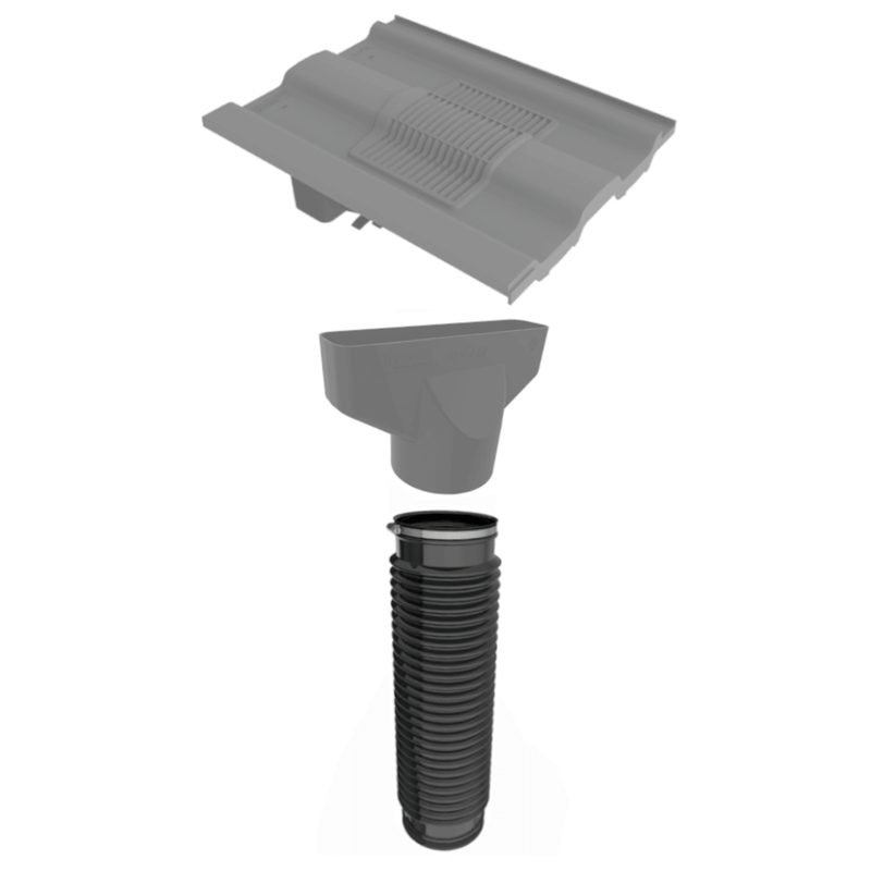 An image of a Timloc Flexi Pipe and Clamp highlighting where it is fitted between a tile vent and an adaptor 