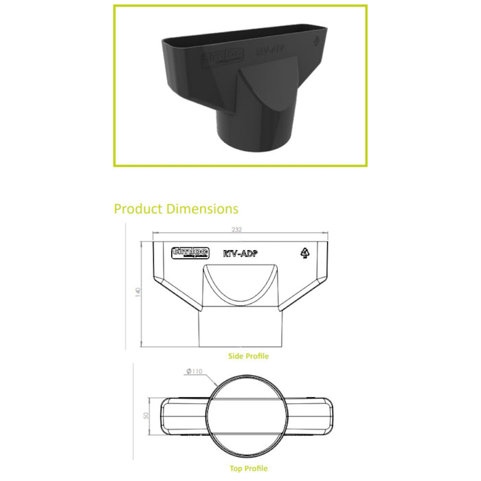 An image of a Timloc Plain tile vent adaptor information sheet with the product dimensions