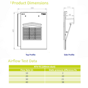 An image showing an information sheet and dimensions of a Timloc Tile Vent Thin Leading Edge in Black RTV-TEBL
