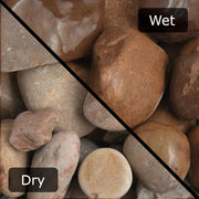An image showing Tweed Cobble Stone Aggregate Gravel. The image is split horizontally to sow the difference between wet and dry.