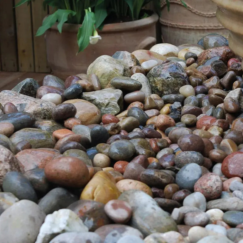 An image showing Tweed Pebble Stone Aggregate Gravel. They are laid as decoration in a garden.