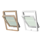An image showing the two types of Dakea Ultima Comfort Centre Pivot Roof Window. Once has a wooden frame and the other has a PVC white frame.