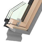 An image showing a cross section of a Dakea Ultima Comfort Centre Pivot Roof Window with a wooden frame, showing all of the components of the window.