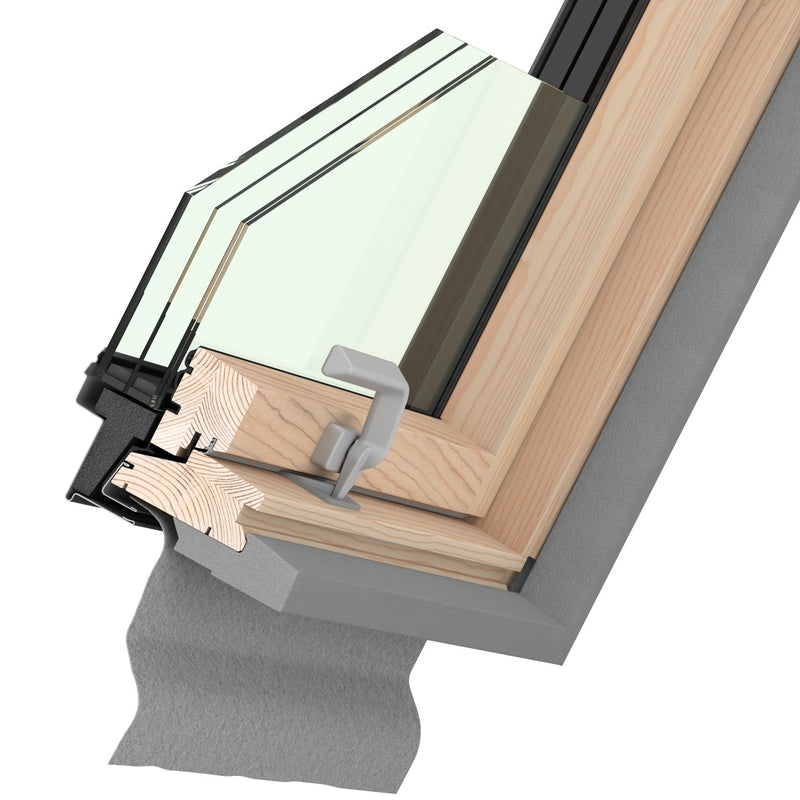 An image showing a cross section of a Dakea Ultima Comfort Centre Pivot Roof Window with a wooden frame, showing all of the components of the window.