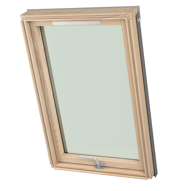 An image of a Dakea Ultima Comfort Centre Pivot Roof Window with a wooden frame
