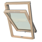 An image of a Dakea Ultima Comfort Centre Pivot Roof Window that is open to show the Pivot position with a wooden frame
