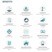 An image of the benefits of using Ultraflex Liquid Roofing. This includes UV Resistance, Fire Resistance, Flexibility, Guarantees, Quality, Environmentally Friendly, Safety (CFC and HCFC Free), Aesthetics, Technical Support, Sustainability, Safe Application and Certifications.