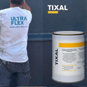 An image of Ultraflex Tixal being applied to a wall with an image of the tin.