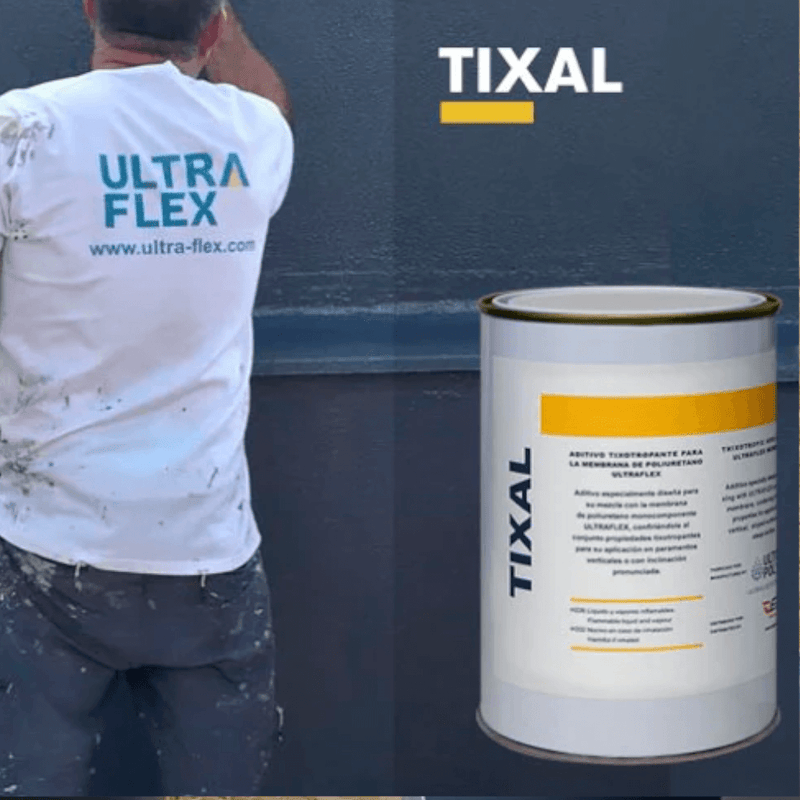 An image of Ultraflex Tixal being applied to a wall with an image of the tin.