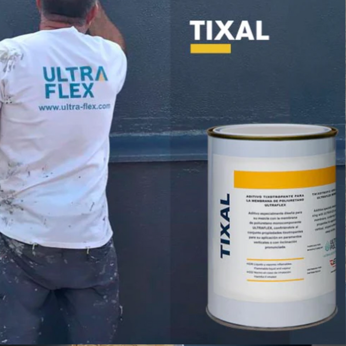 An image of Ultraflex Tixal being applied to a wall with an image of the tin.