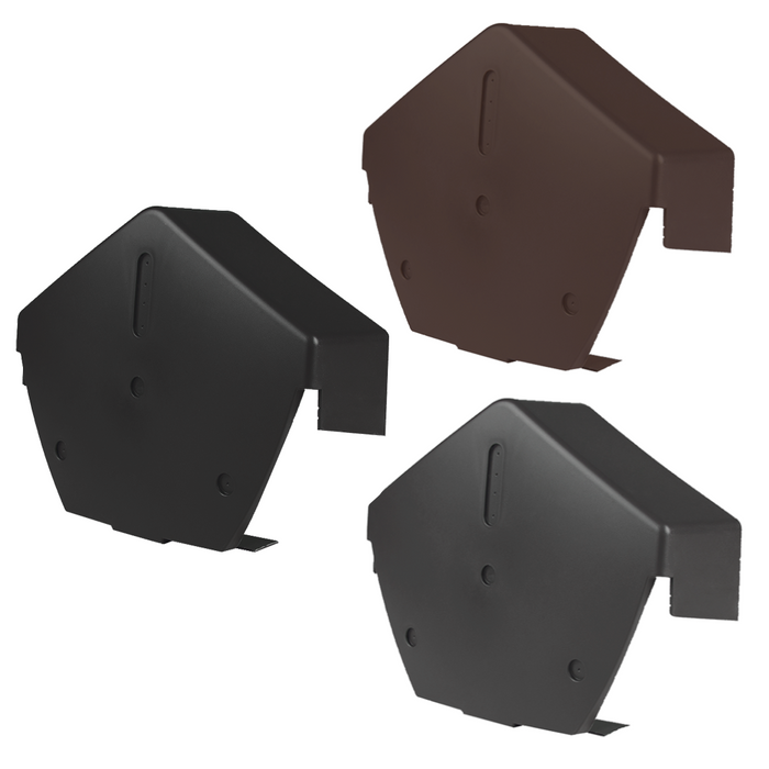 An image of three Timloc Ambi Verge Angled ridge end caps in three colours. Black, grey and Brown.