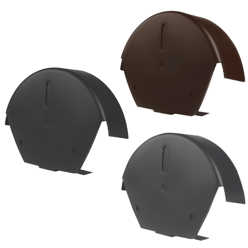 An image of Universal dry fix half round ridge end caps in Brown, Grey and Black.