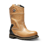 An image of a V12 Tomahawk V1250 Waterproof Rigger Boot. It is a light tan colour and has a black heel. It is against a white background