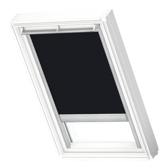 An Image of a Velux Solar Blackout Blind which is in Black. It is displayed on a white window and against a white background.