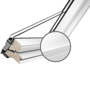 An image showing a VELUX White-Painted Centre-Pivot Window and a cross section to show the materials.