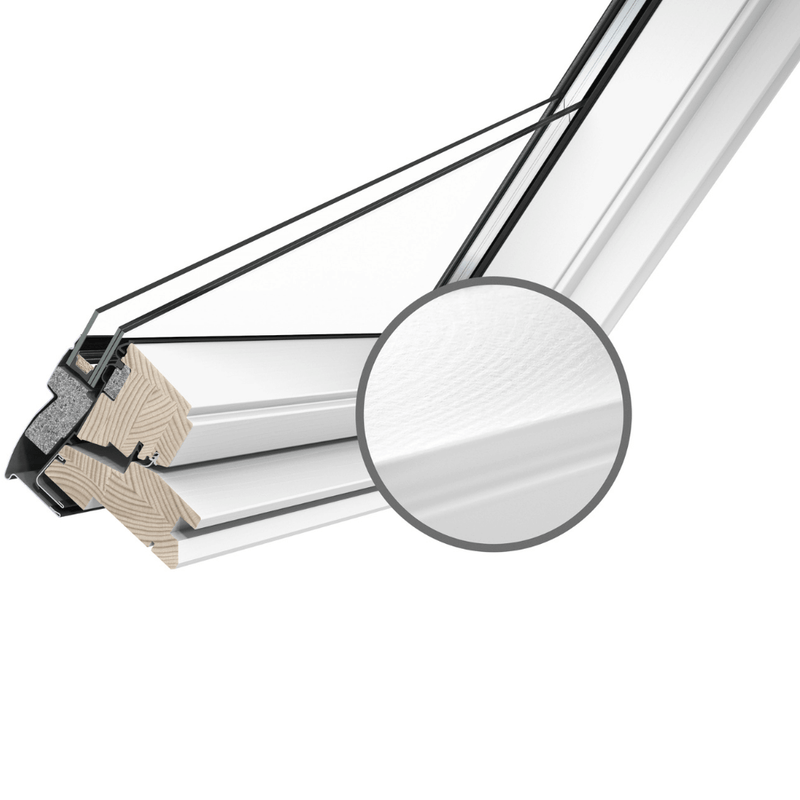 An image showing a VELUX White-Painted Centre-Pivot Window and a cross section to show the materials.