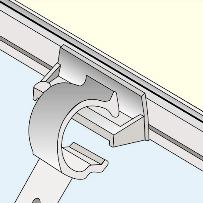 A close up drawing of a Velux ZOZ 085 Adaptor that is light grey in colour attached to a window to show what it looks like and how it works.