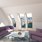 An image showing the Dakea Vertica Energy Vertical Fixed Extension Pitched Roofing Window in pine KAN B1600. The image shows what it looks like when used in a living room