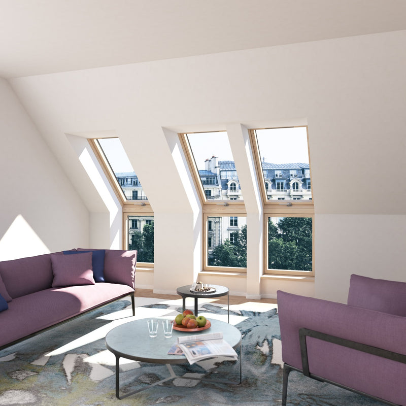 An image showing the Dakea Vertica Energy Vertical Fixed Extension Pitched Roofing Window in pine KAN B1600. The image shows what it looks like when used in a living room