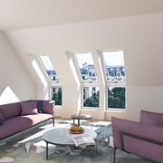 An image showing the Dakea Vertica Energy Vertical Fixed Extension Pitched Roofing Window in White KAN B1610. The image shows what it looks like when used in a living room