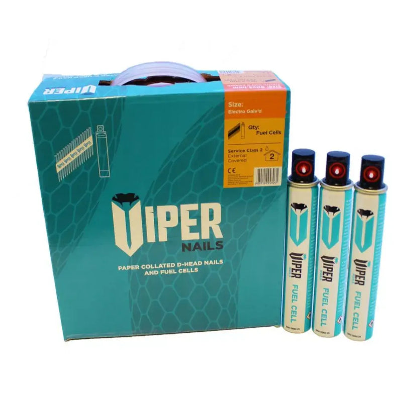 An image showing Viper Ring Shank collated D-Head Nails and also the packs that include Fuel Gas cartridges