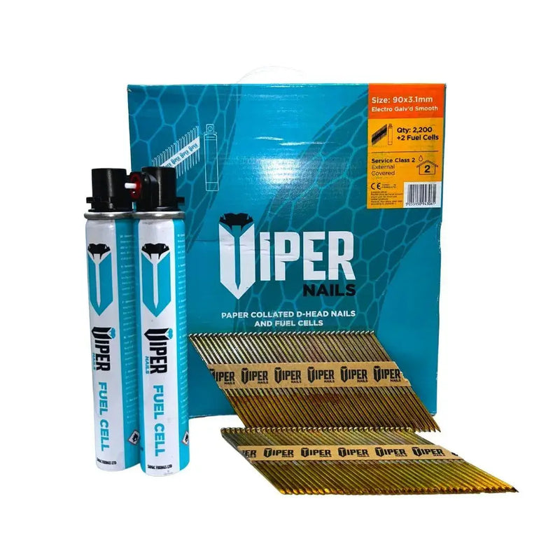 An image showing Viper Ring Shank collated D-Head Nails and also the packs that include Fuel Gas cartridges