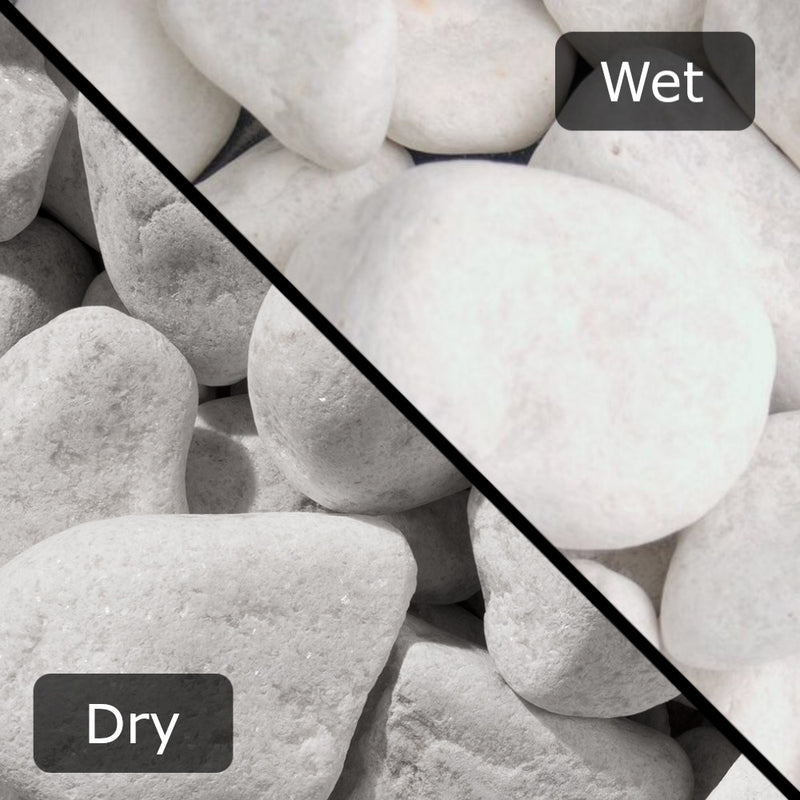 An image of White Cobbles 40-90mm and what they look like when wet and dry