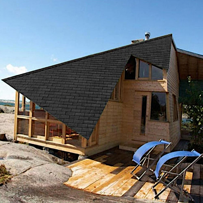 An image of Wonderbuild Square 3 Tab Shingles in Black fitted to a roof to show the finish.
