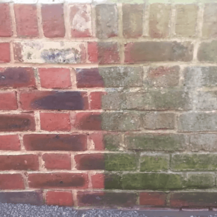 An image of a wall half treated with Azpects EASYCare Algae Remover to show how effective it is