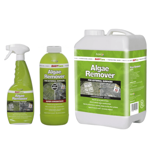 An image of Azpects EASYCare Algae Remover with the three different sizes they do. 750ml spray bottle, 1 litre botte and three litre bottle.