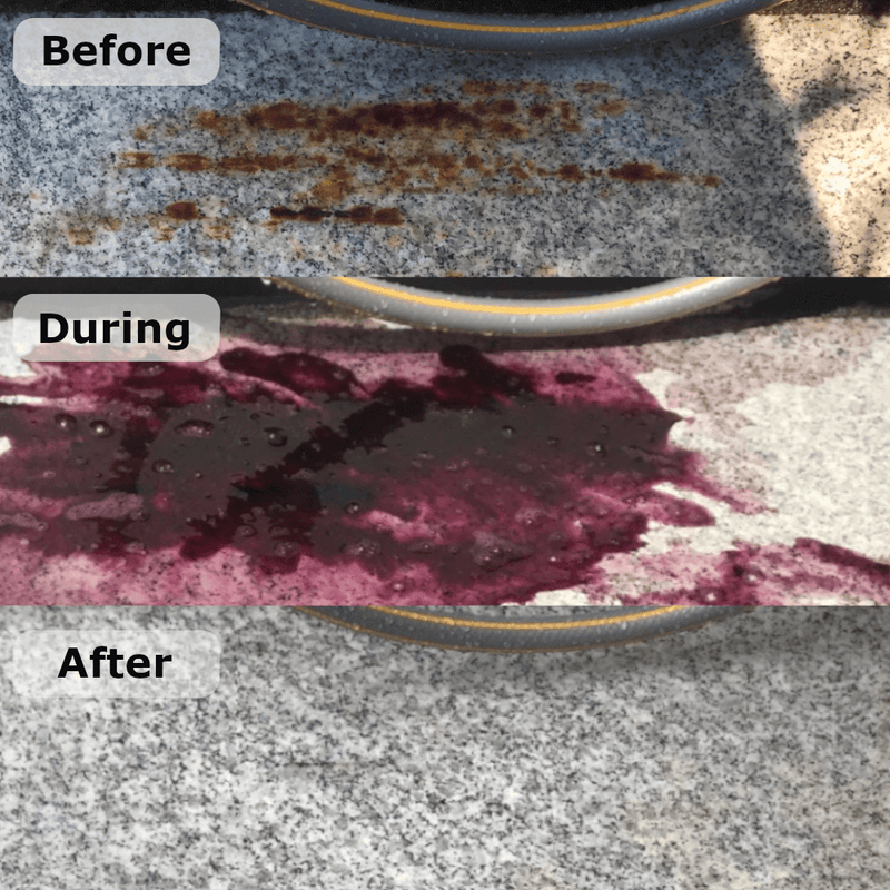 An image of the Before / During and after use of Azpects EASYCare EASY4Rust 500ml and how it removed rust from stone