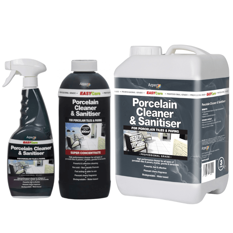 An image of the different sizes of azpects EASYCare Porcelain Cleaner and Sanitiser. This includes a 750ml Spray bottle, a 1litre bottle and a 3 litre bottle.