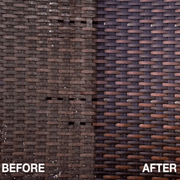 An image of Rattan with a before and after the use of Azpects EASYCare Rattan Revive to show how effective it is.