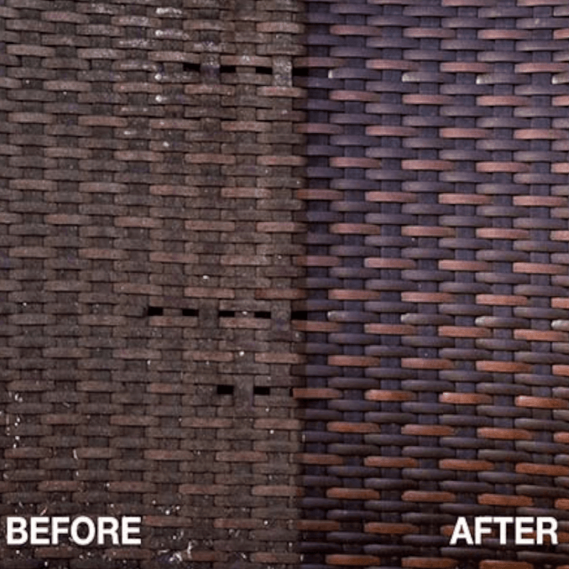 An image of Rattan with a before and after the use of Azpects EASYCare Rattan Revive to show how effective it is.