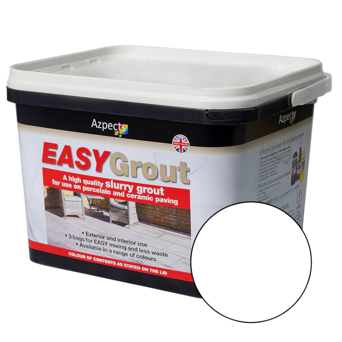 An image of Azpects easy grout porcelain paving slurry in the colour Blanco in a 15kg tub.